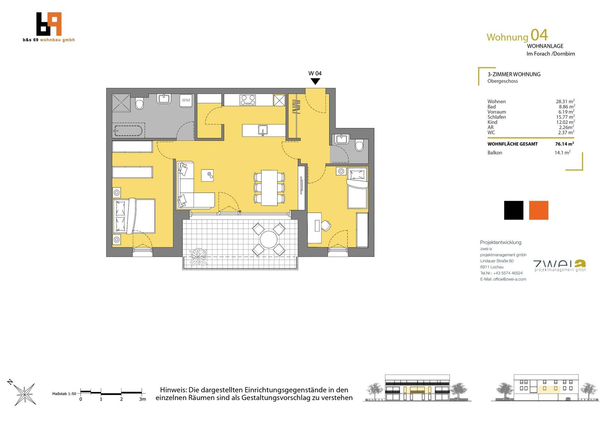 Grundriss der Wohnung 04 mit drei Zimmern, Balkon, offener Wohnküche und zwei Bädern.