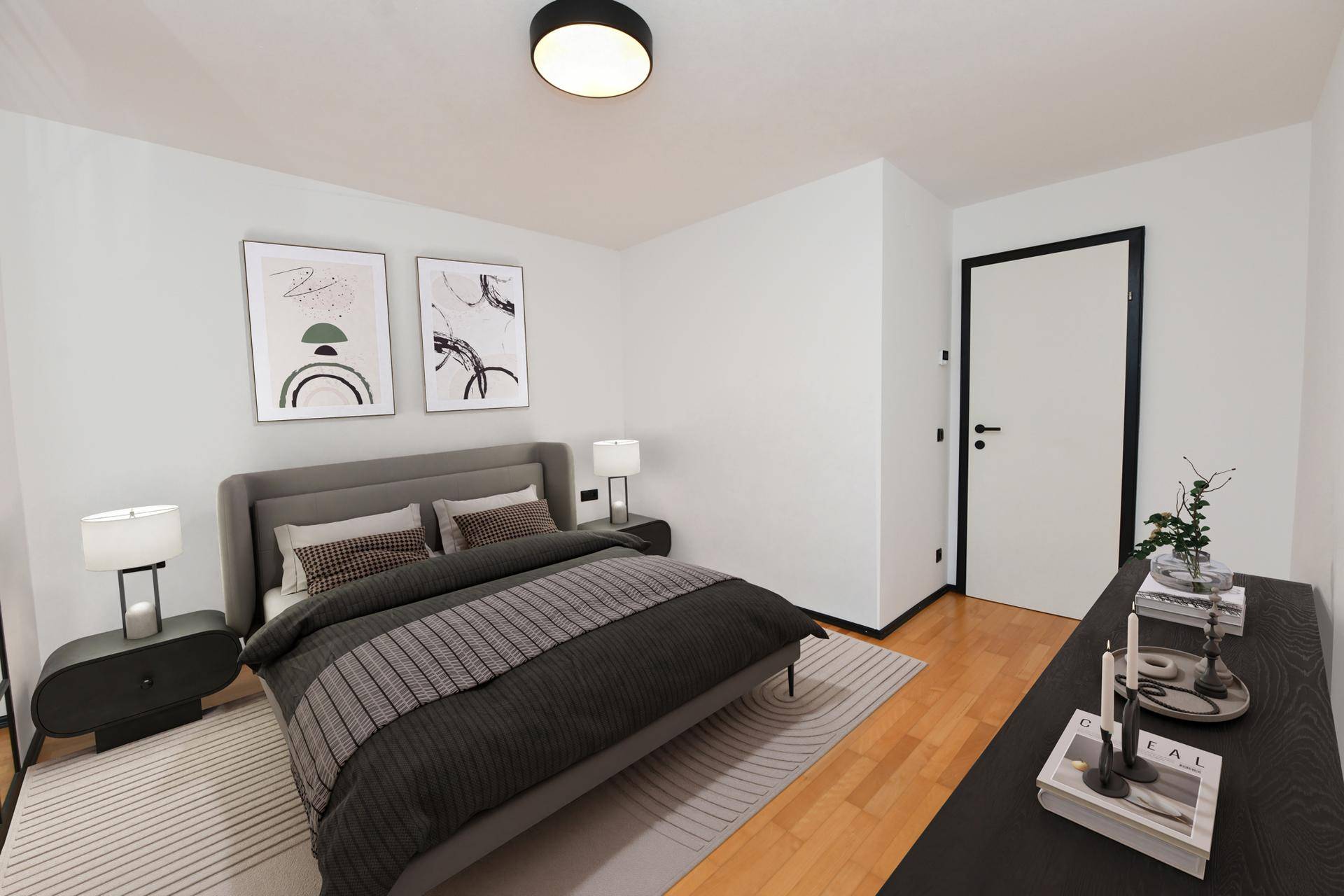 Modernes Schlafzimmer mit Holzboden, Doppelbett und minimalistischer Dekoration.