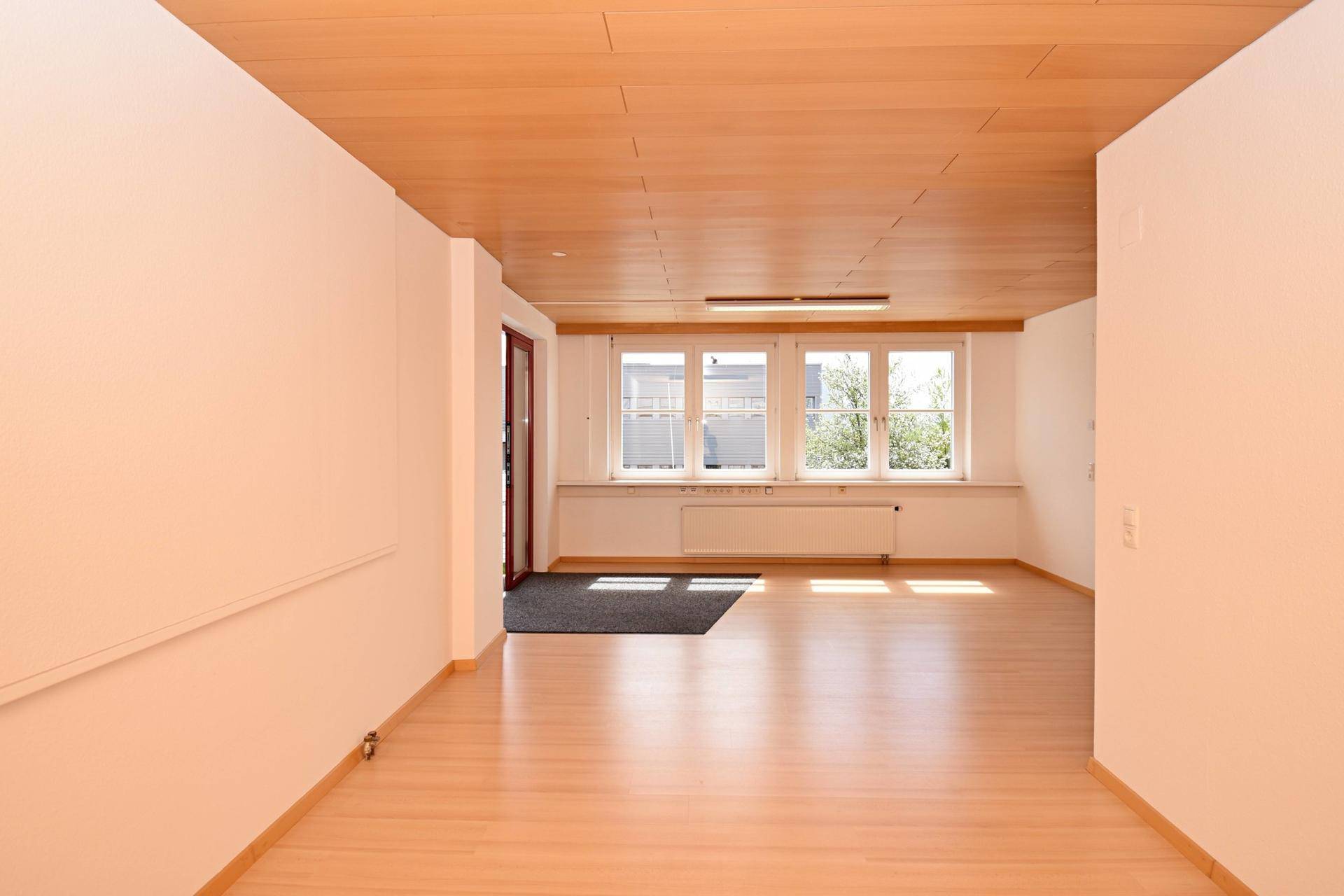 Langer, heller Raum mit Laminatboden, Holzdecke und Fenstern mit Blick ins Grüne.