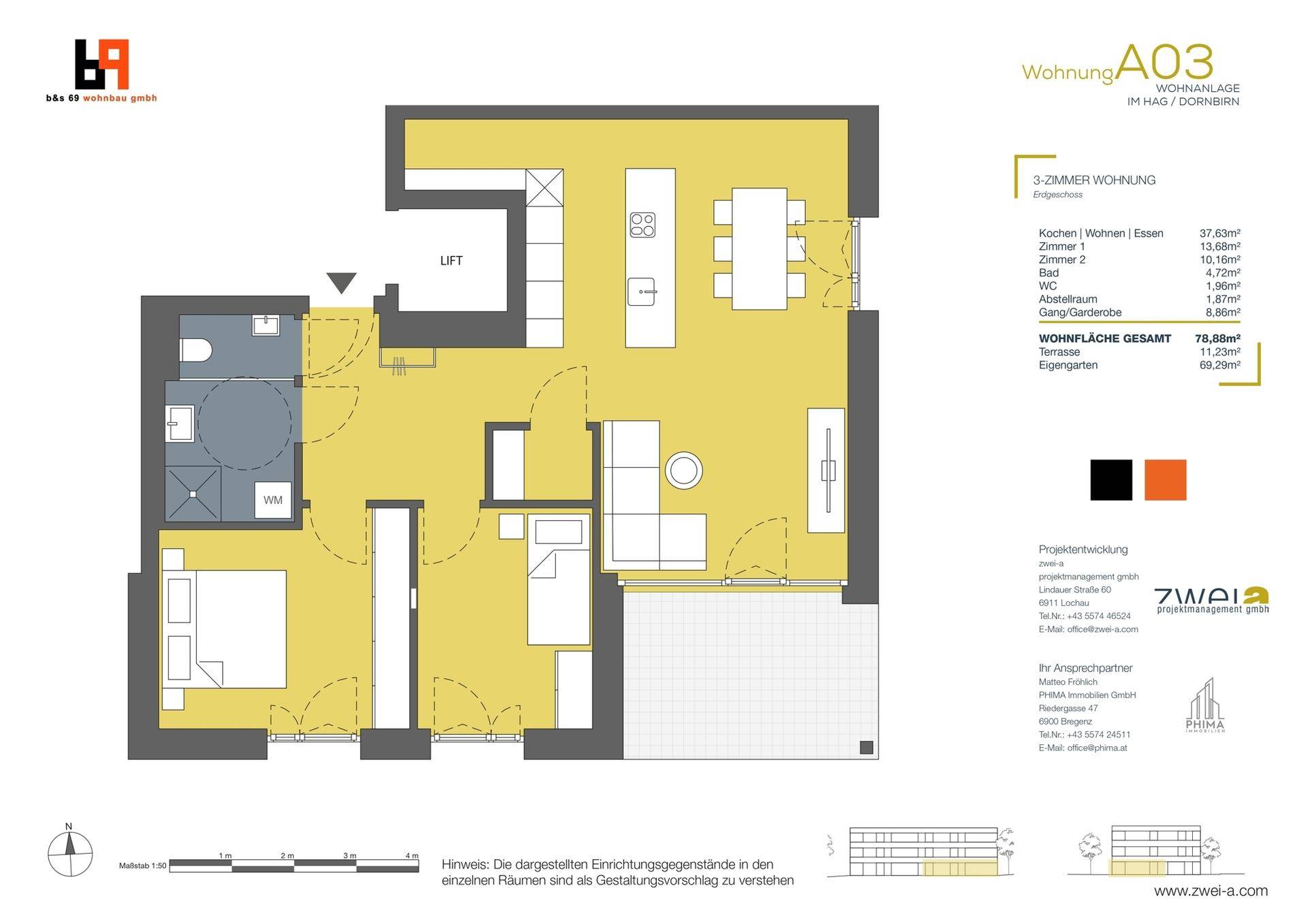 Detaillierter Grundriss einer 3-Zimmer-Wohnung mit offenem Wohnbereich und Terrasse.