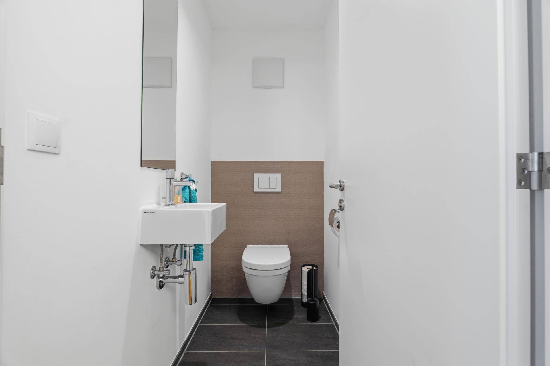 Kleines Gäste-WC mit modernem Waschbecken und Wand-WC.