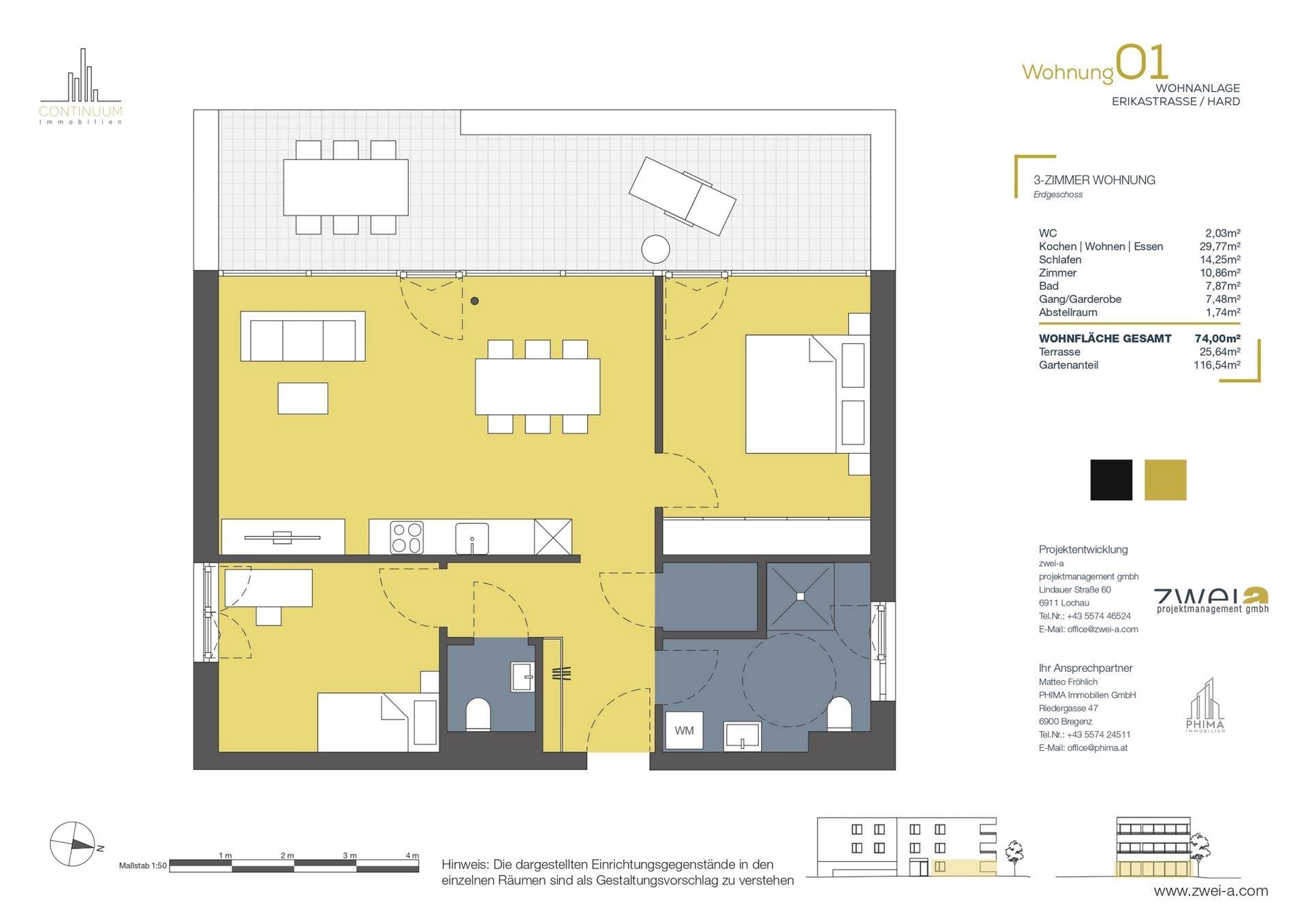 Detaillierter Grundriss einer 3-Zimmer-Wohnung mit offener Küche, Terrasse und Gartenanteil.