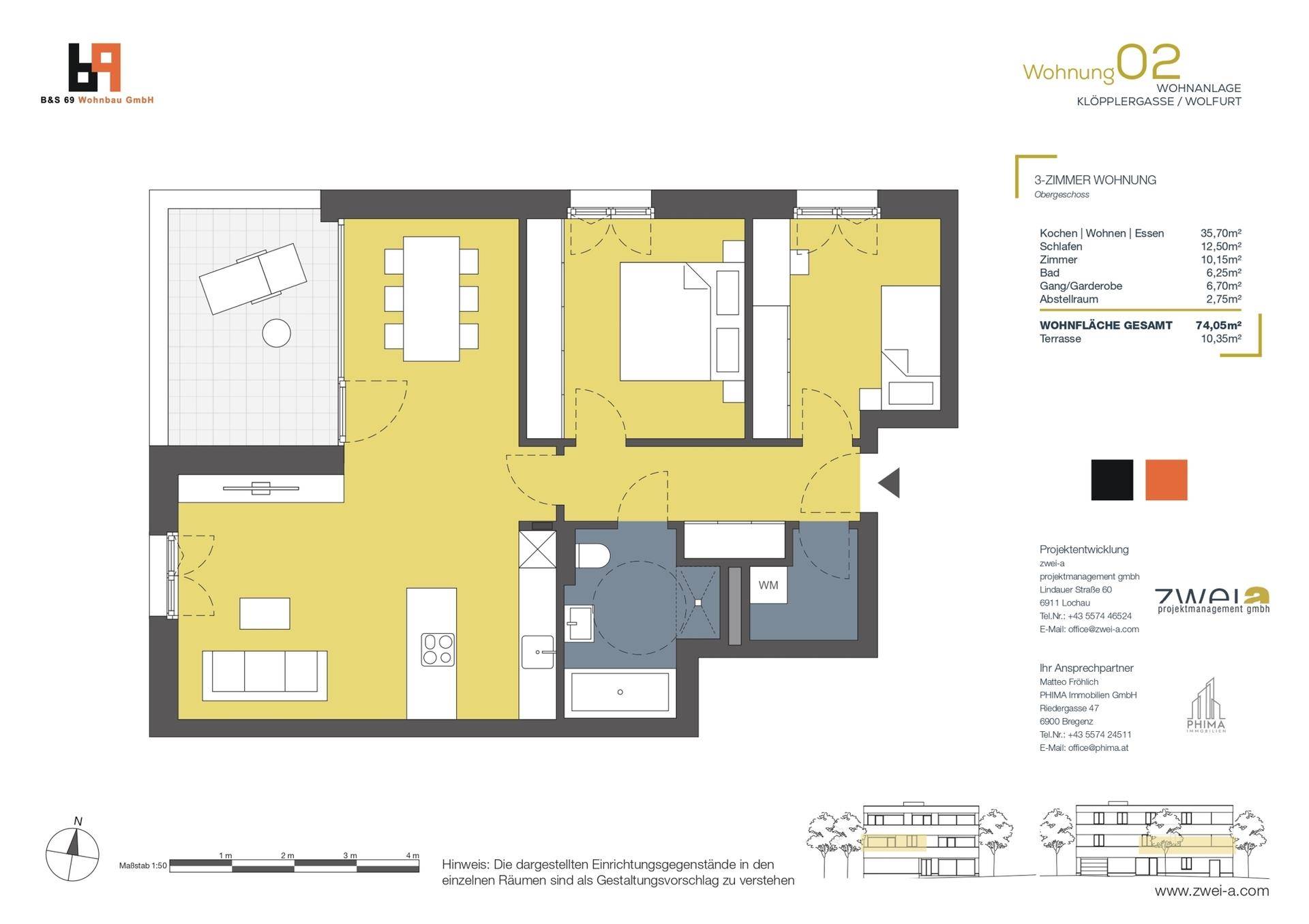 Grundriss einer 3-Zimmer-Wohnung mit offener Küche, Wohnbereich und großer Terrasse.