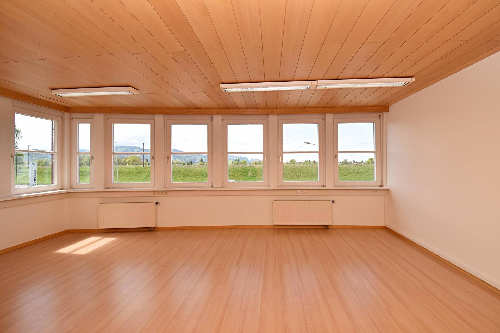 Großes, helles Büro mit vielen Fenstern, Laminatboden und Holzdecke, bietet Weitblick.
