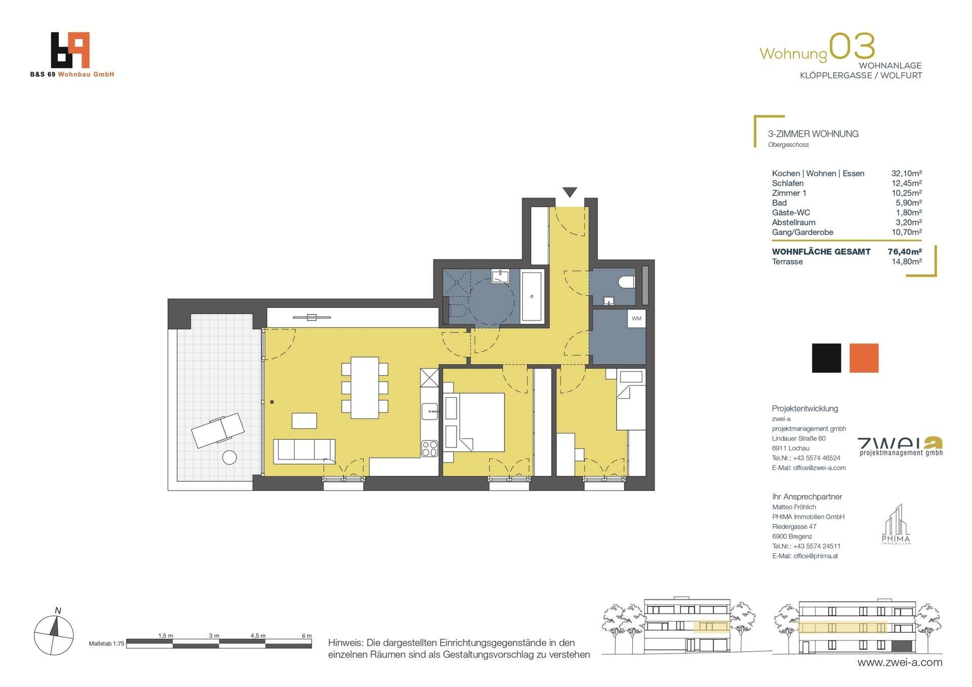 Grundriss einer 3-Zimmer-Wohnung mit offener Küche, Wohn-Essbereich und Terrasse.