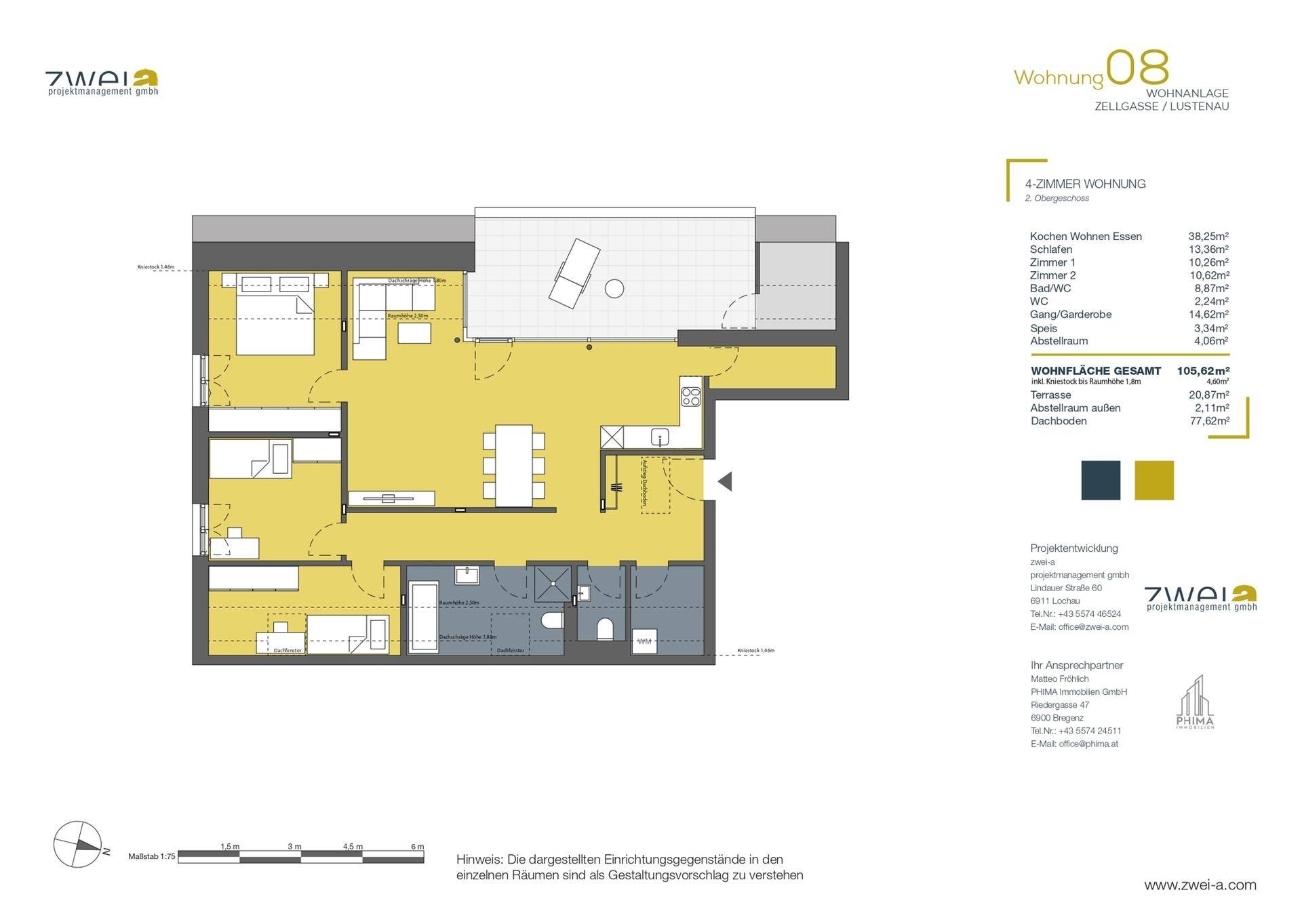 Grundriss einer 4-Zimmer-Wohnung mit offener Küche, Essbereich und Terrasse.
