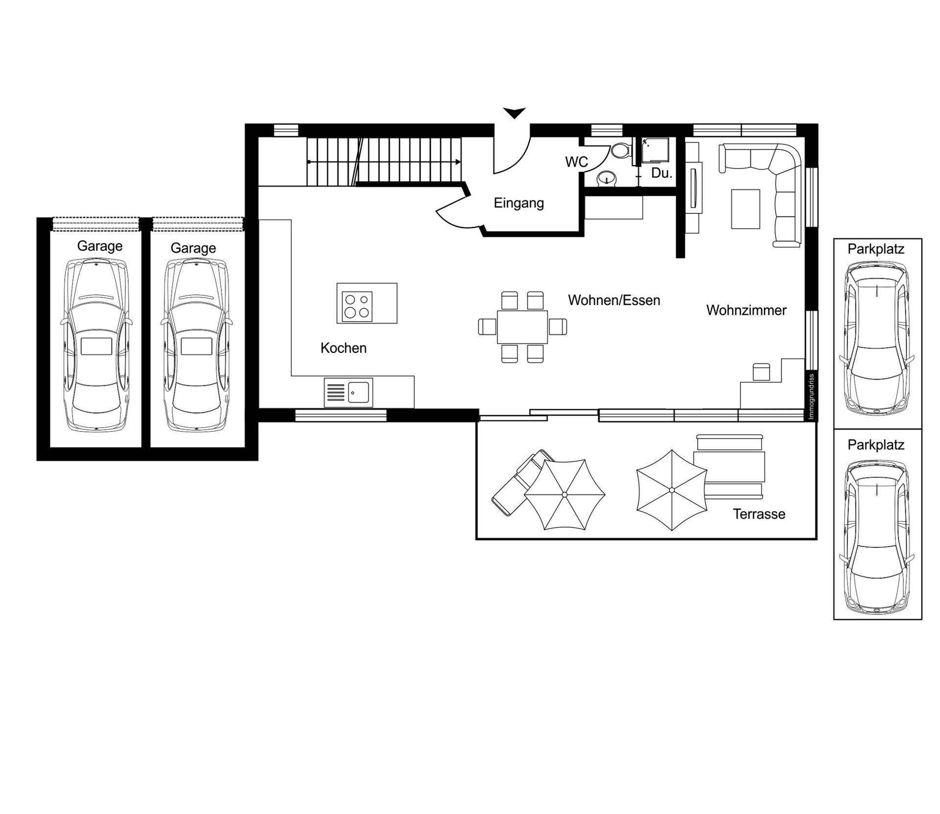 Grundriss des Erdgeschosses mit offenem Wohnbereich, Küche, Terrasse und Garage.