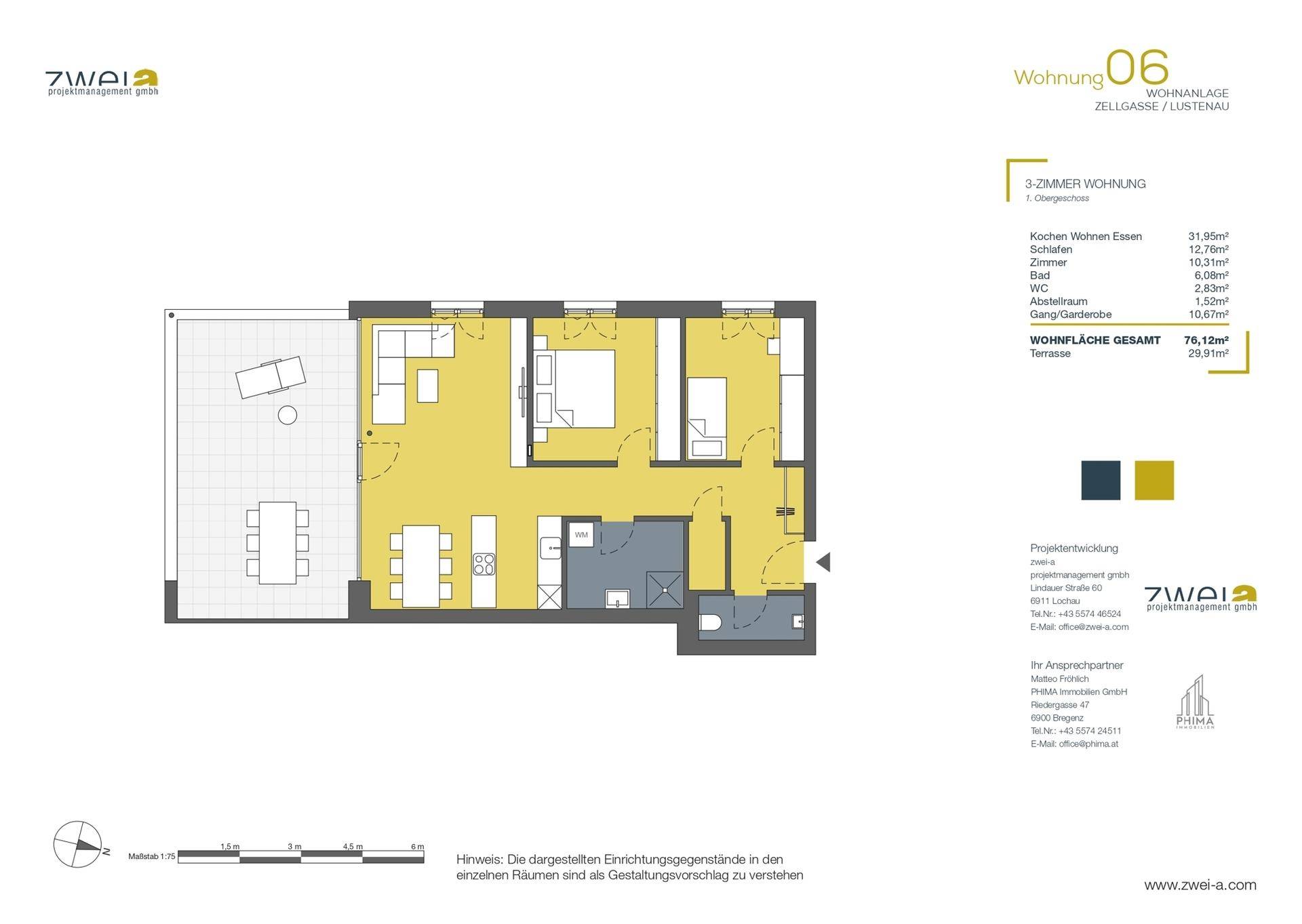 Detaillierter Grundriss einer 3-Zimmer-Wohnung mit offener Wohnküche und großer Terrasse.