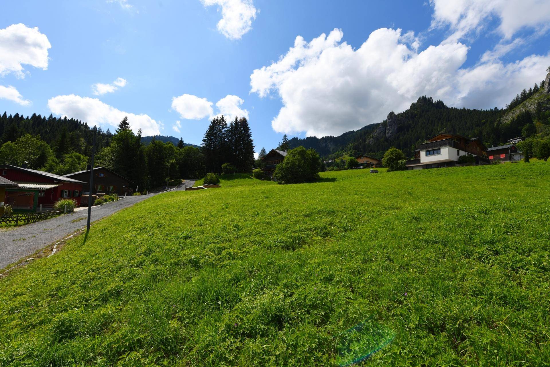 Grüne Wiese mit Blick auf traditionelle Häuser und bewaldete Berge unter blauem Himmel.