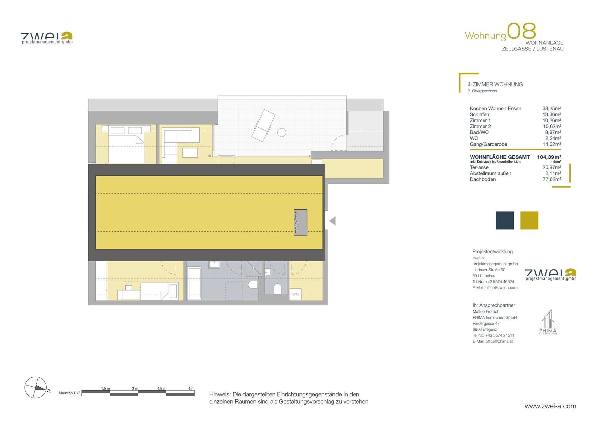 Grundriss einer 4-Zimmer-Wohnung mit offener Küche, Essbereich und großem Dachboden.