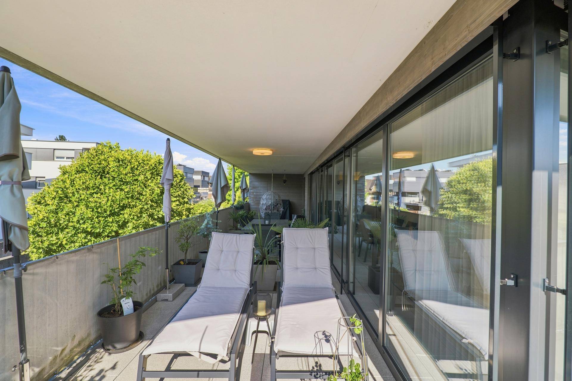 Sonniger Terrassenbereich mit Liegestühlen, Pflanzen und Blick auf die Umgebung.