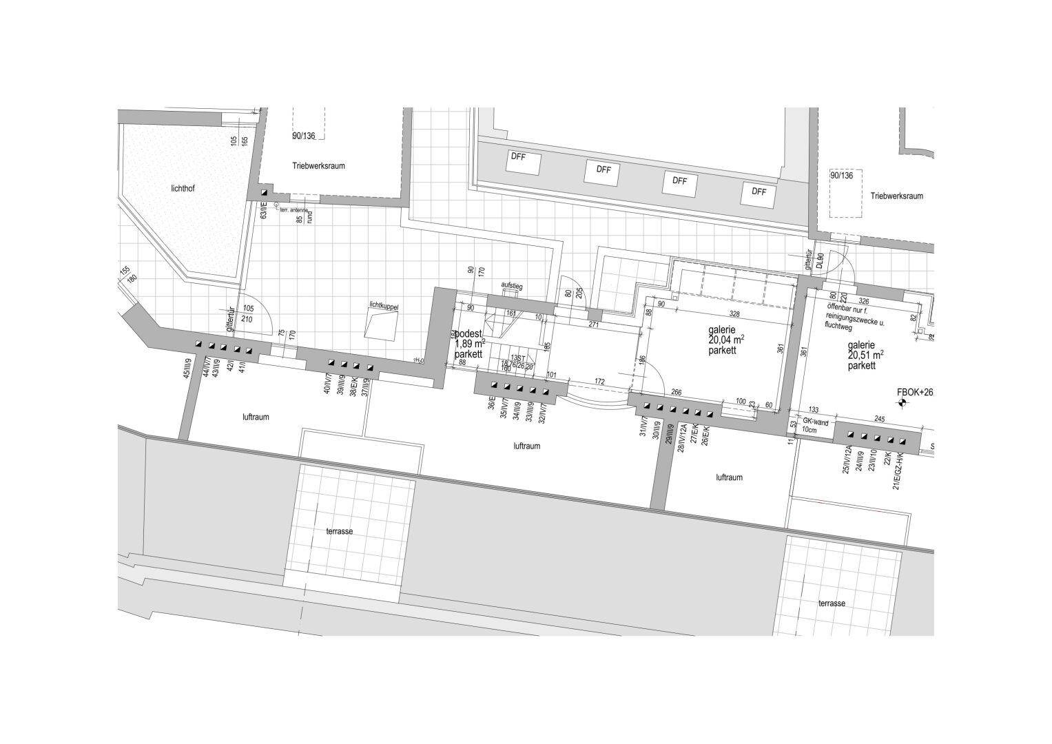 Detailansicht eines Grundrisses mit Terrassenflächen und Lufträumen.