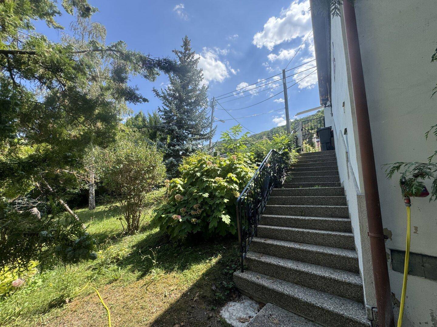 Steintreppe führt durch den grünen Gartenhang hinauf zum oberen Bereich des Grundstücks.