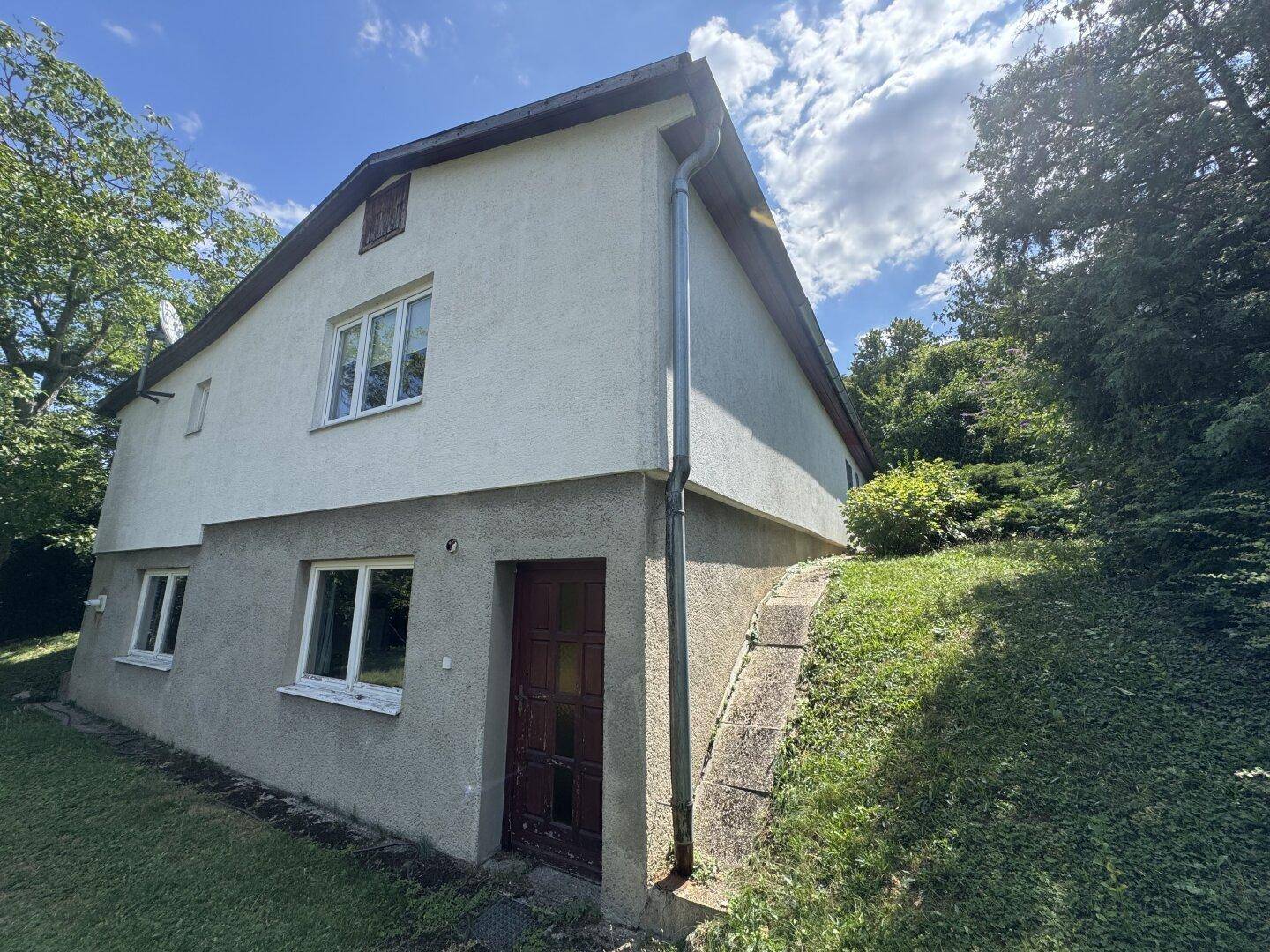 Seitenansicht des Hauses mit Eingang zum Untergeschoss und Treppe im Hang.