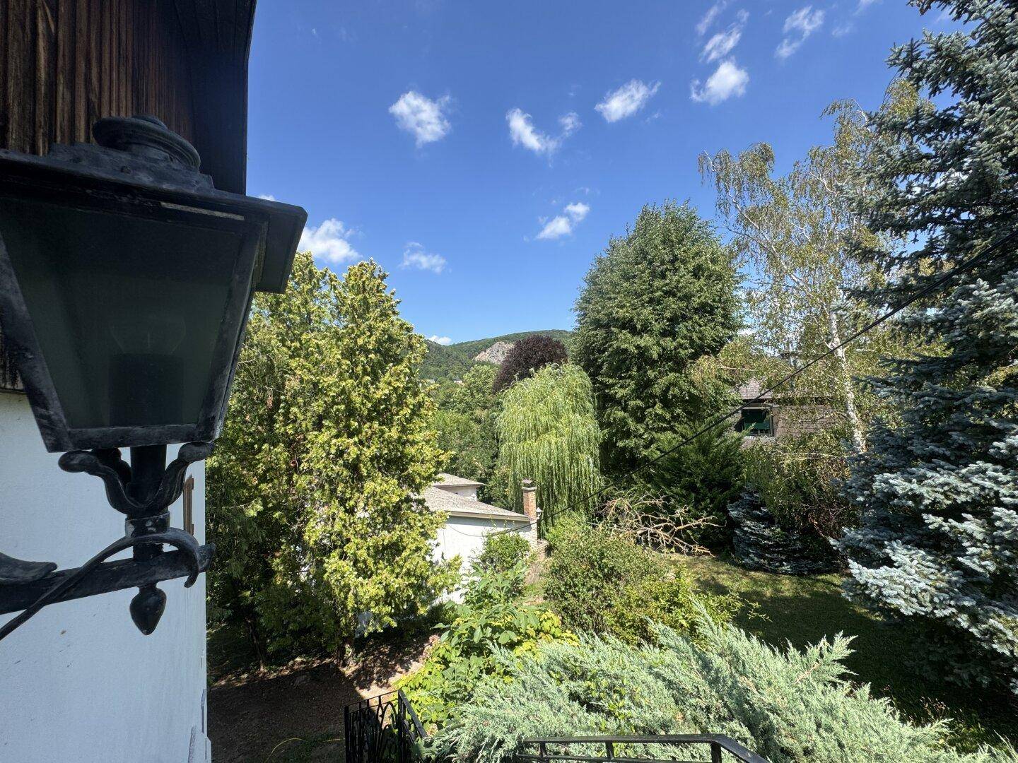 Panoramablick von erhöhter Position über die grüne Landschaft und die umliegenden Häuser.
