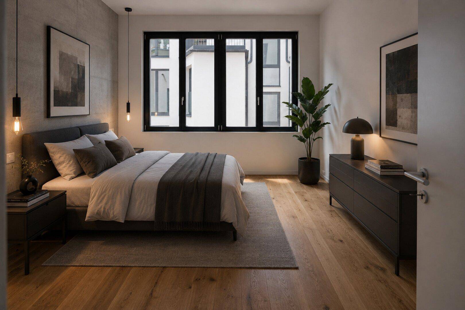 Modernes Schlafzimmer mit Holzboden, großem Fenster und minimalistischer Einrichtung.