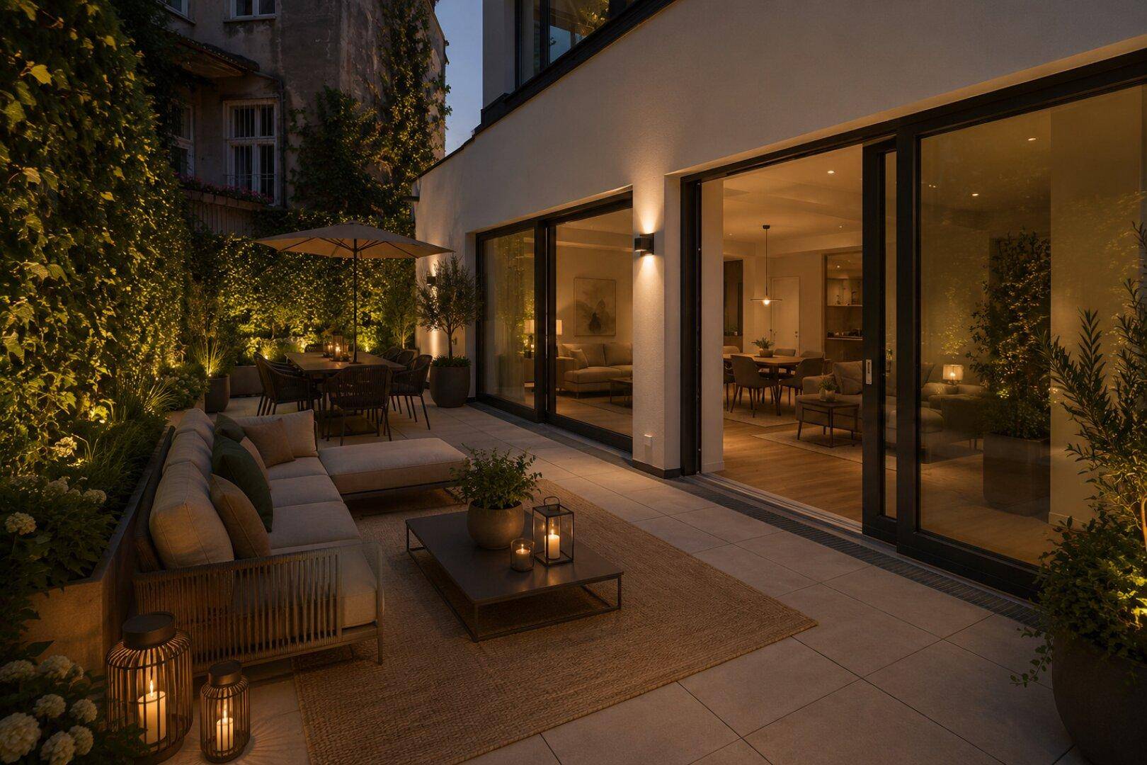 Gemütliche Terrasse am Abend mit stilvollen Gartenmöbeln und stimmungsvoller Beleuchtung.