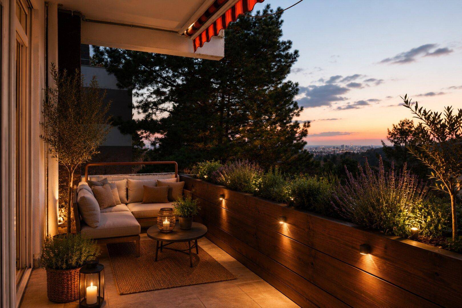 Gemütlicher Balkon bei Sonnenuntergang mit bequemen Sitzgelegenheiten, Pflanzen und stimmungsvoller Beleuchtung.