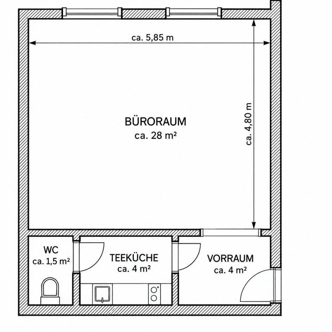 Grundriss einer Büroeinheit mit Teeküche, WC und Vorraum, ca. 28 m² Bürofläche.