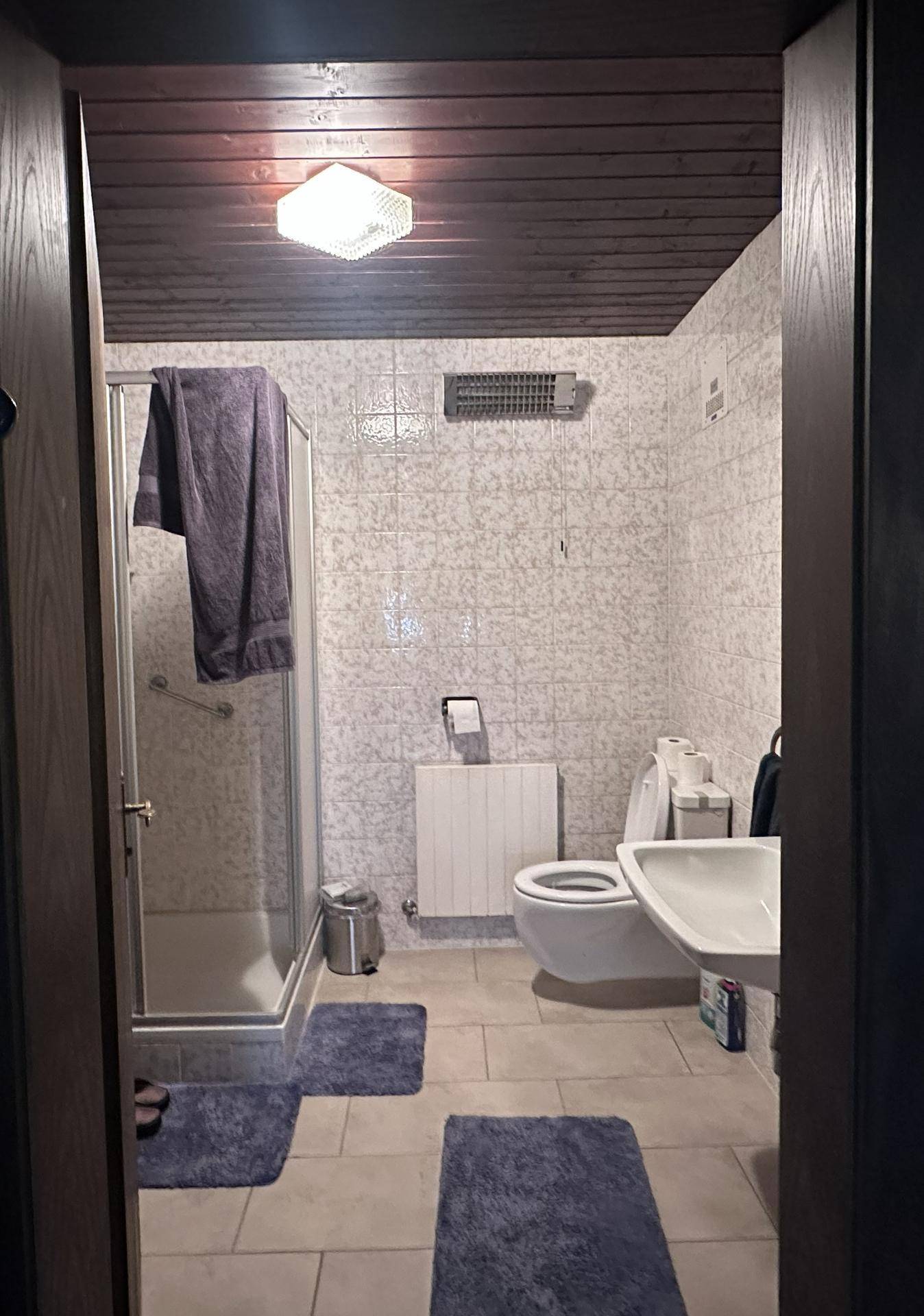 Kleines Badezimmer mit Duschkabine, Toilette und Waschbecken, typisch für die 80er Jahre.