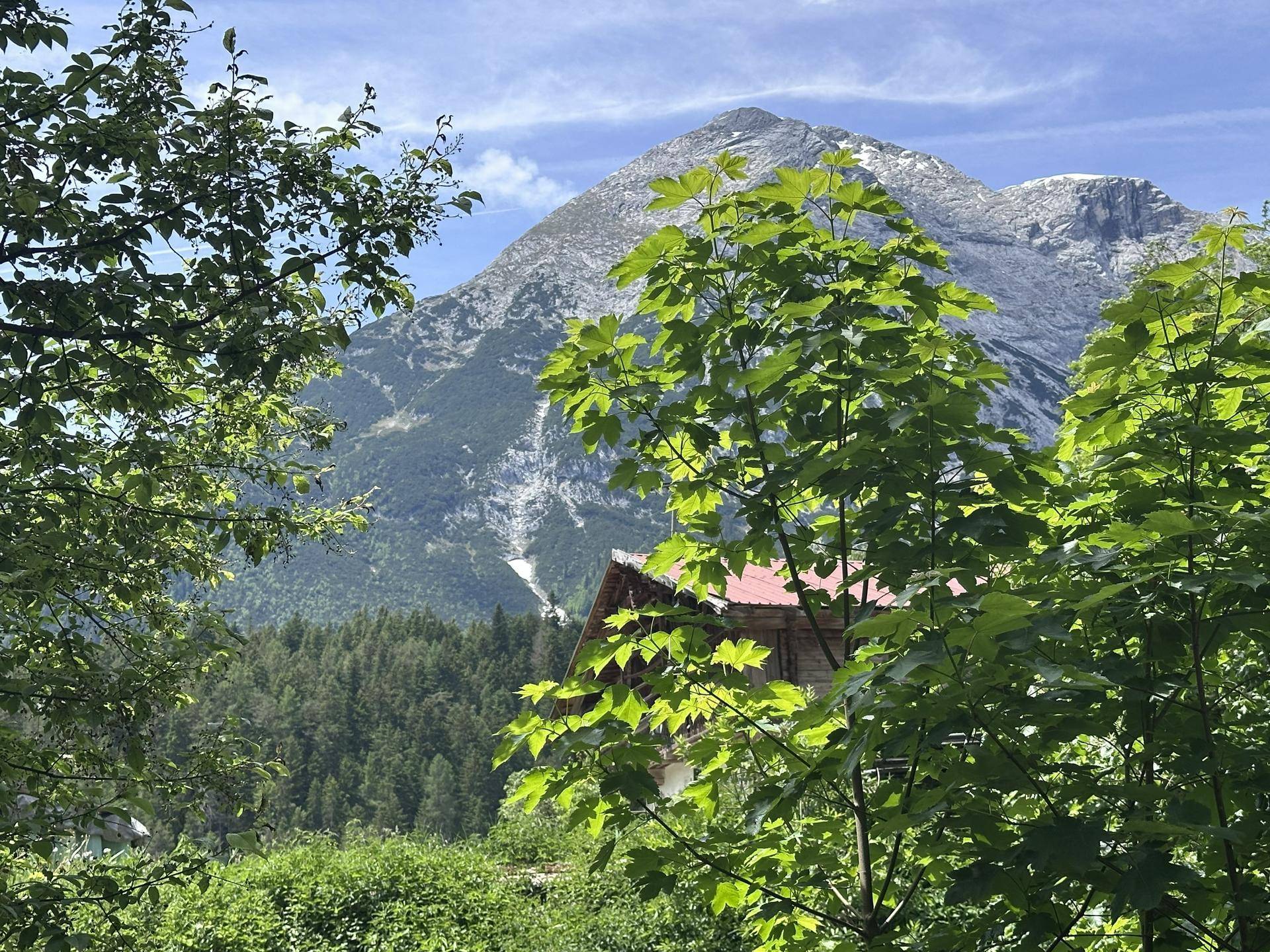 Malerischer Blick auf eine Holzhütte vor imposanter Bergkulisse und grünen Bäumen.