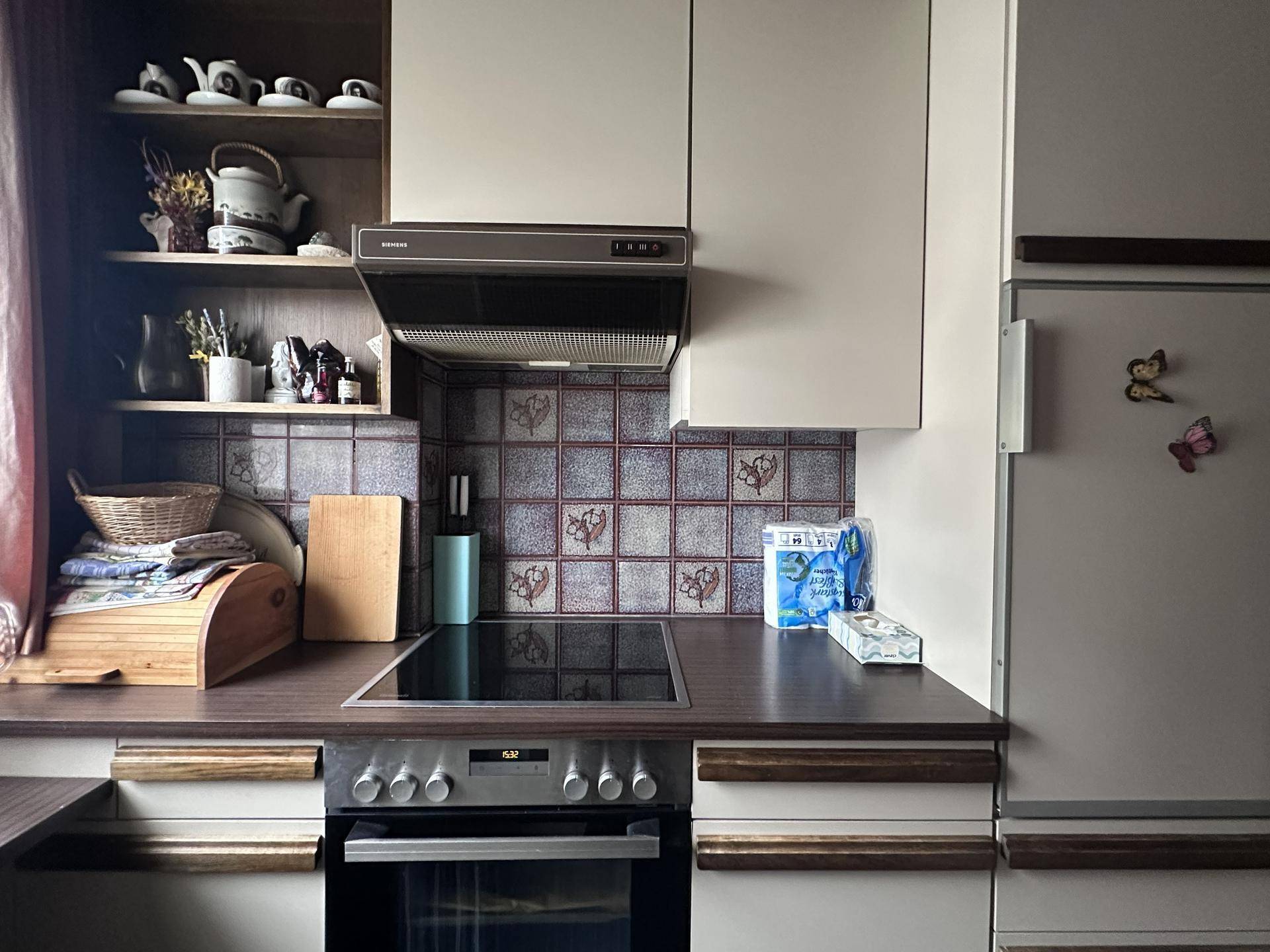 Küchenzeile mit Induktionskochfeld, Dunstabzugshaube und Kühlschrank.
