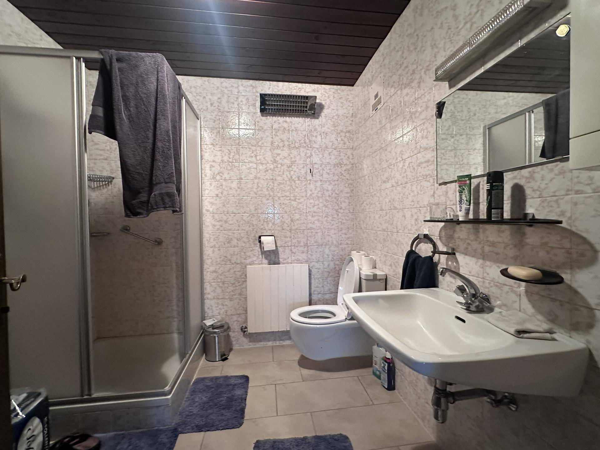 Badezimmer im 80er-Jahre-Stil mit Duschkabine, WC und Waschbecken.