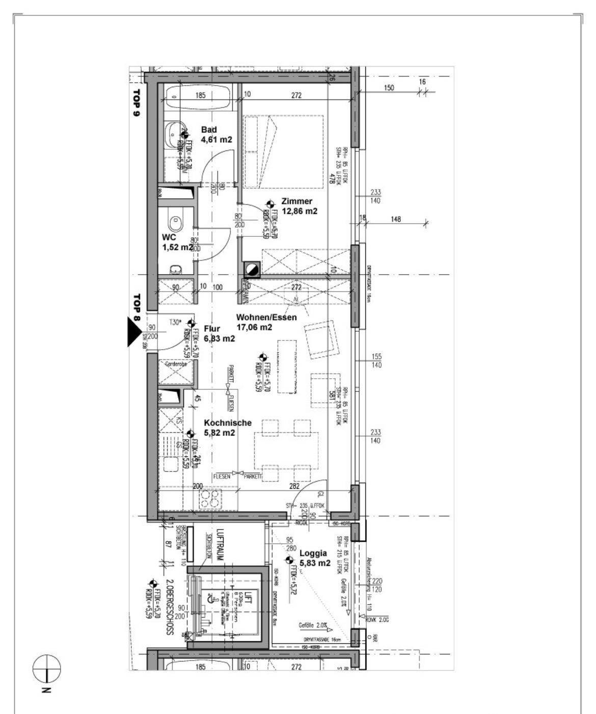 Grundriss einer Wohnung mit Schlafzimmer, Bad, separatem WC, offenem Wohn-/Essbereich, Kochnische und Loggia.