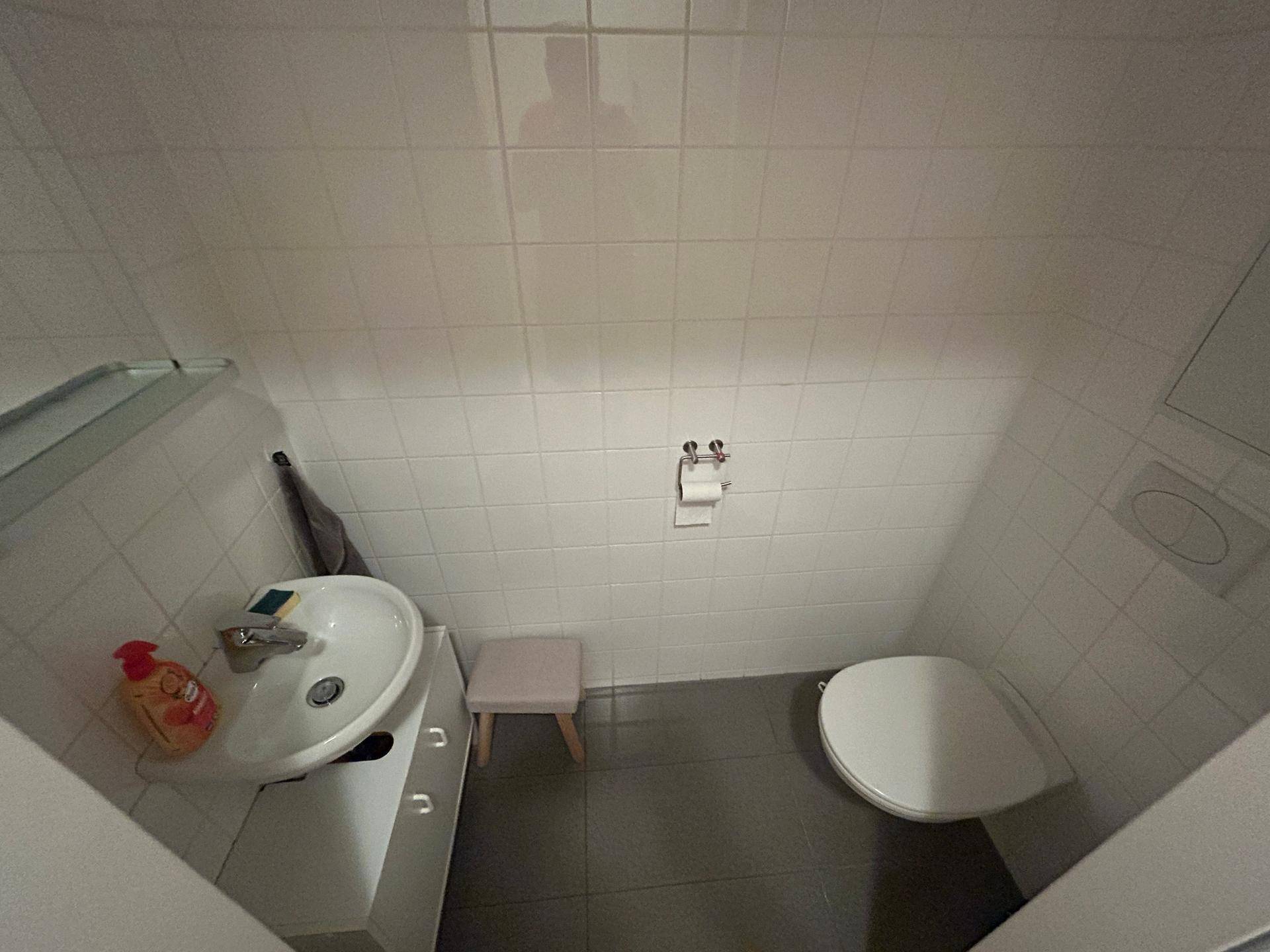 Kleines Gäste-WC mit weißen Fliesen, Toilette und Waschbecken in kompakter Anordnung.