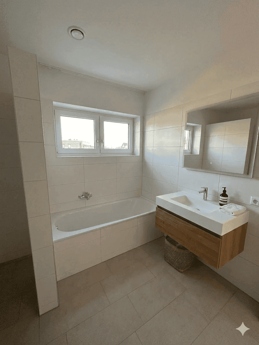 Modernes Badezimmer mit Badewanne, schwebendem Waschtisch und Fenster für Tageslicht.