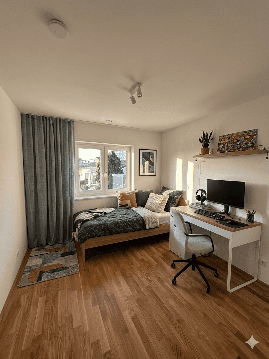 Gemütliches Schlafzimmer mit Holzboden, Schreibtisch und Blick ins Grüne.