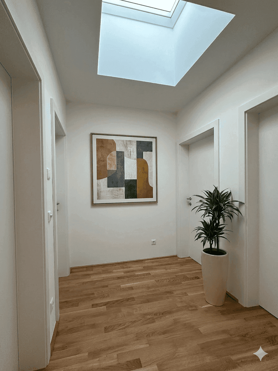 Heller Flur mit Holzboden, modernem Kunstwerk und Oberlicht für zusätzliche Helligkeit.