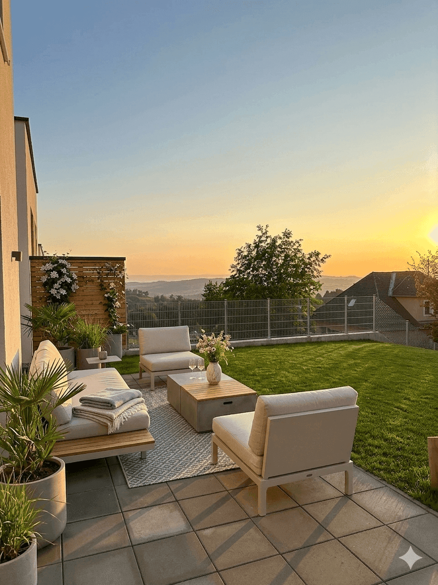 Möblierte Terrasse mit Garten und weitem Blick über die Landschaft bei Sonnenuntergang.