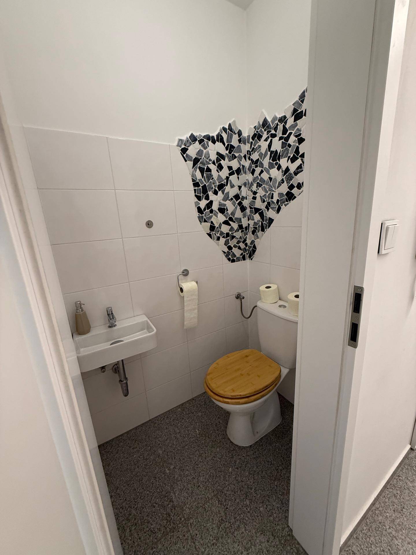 Kleines Gäste-WC mit Waschbecken und Toilette mit Holzdeckel.