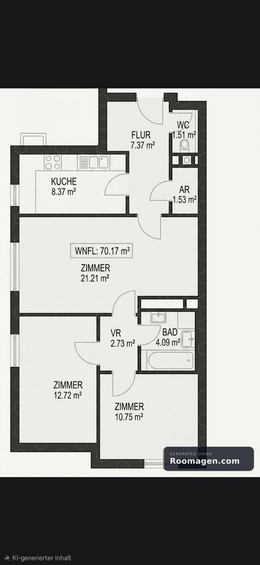 Detaillierter Grundriss einer Wohnung mit mehreren Zimmern, Küche, Bad und separatem WC.