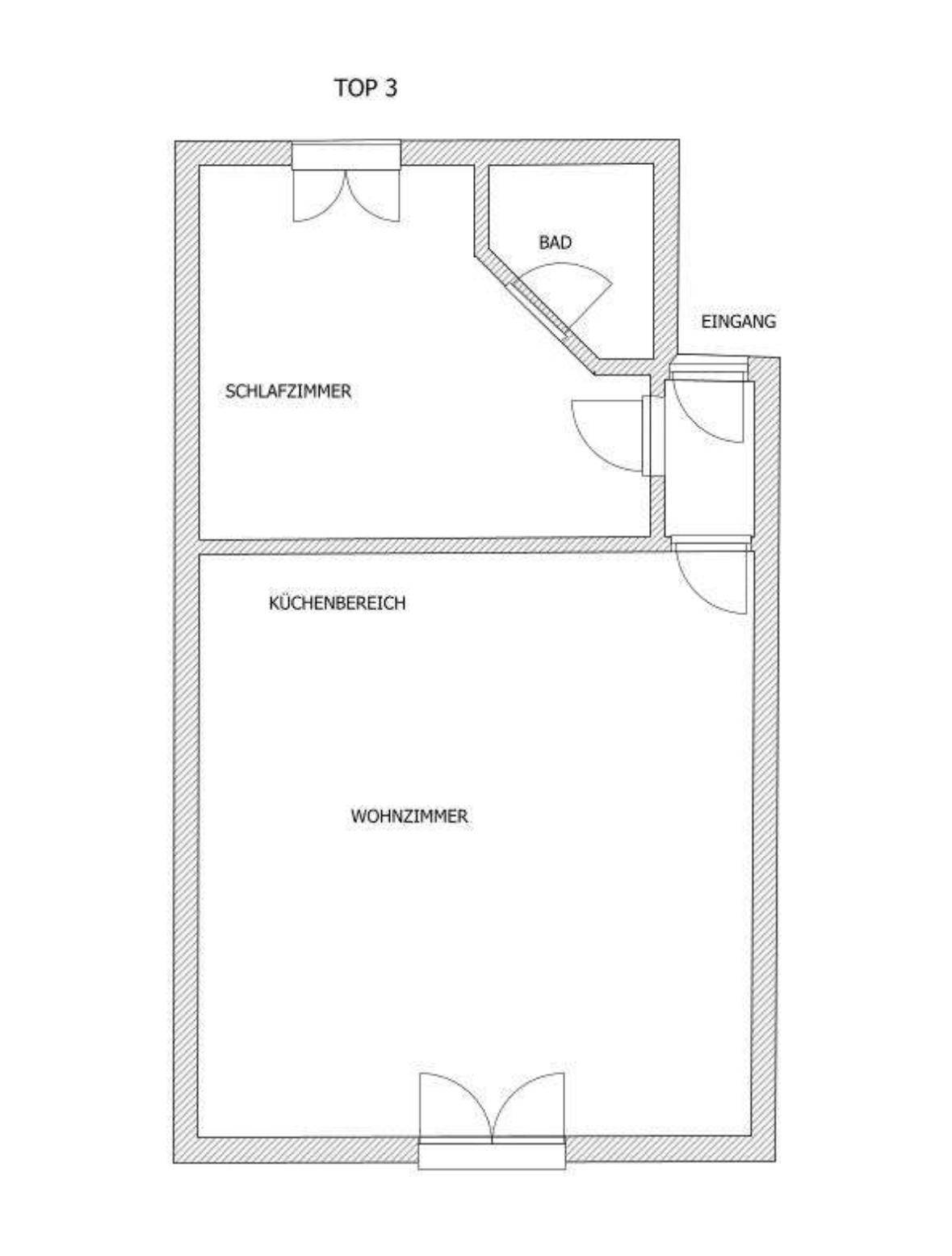 Grundriss der Wohnung Top 3 mit Schlafzimmer, Bad und offenem Wohn-Küchenbereich.