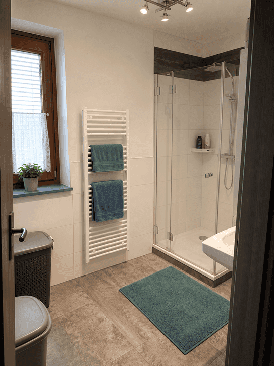 Modernes Badezimmer mit Duschkabine, Waschbecken, WC und beheiztem Handtuchhalter.