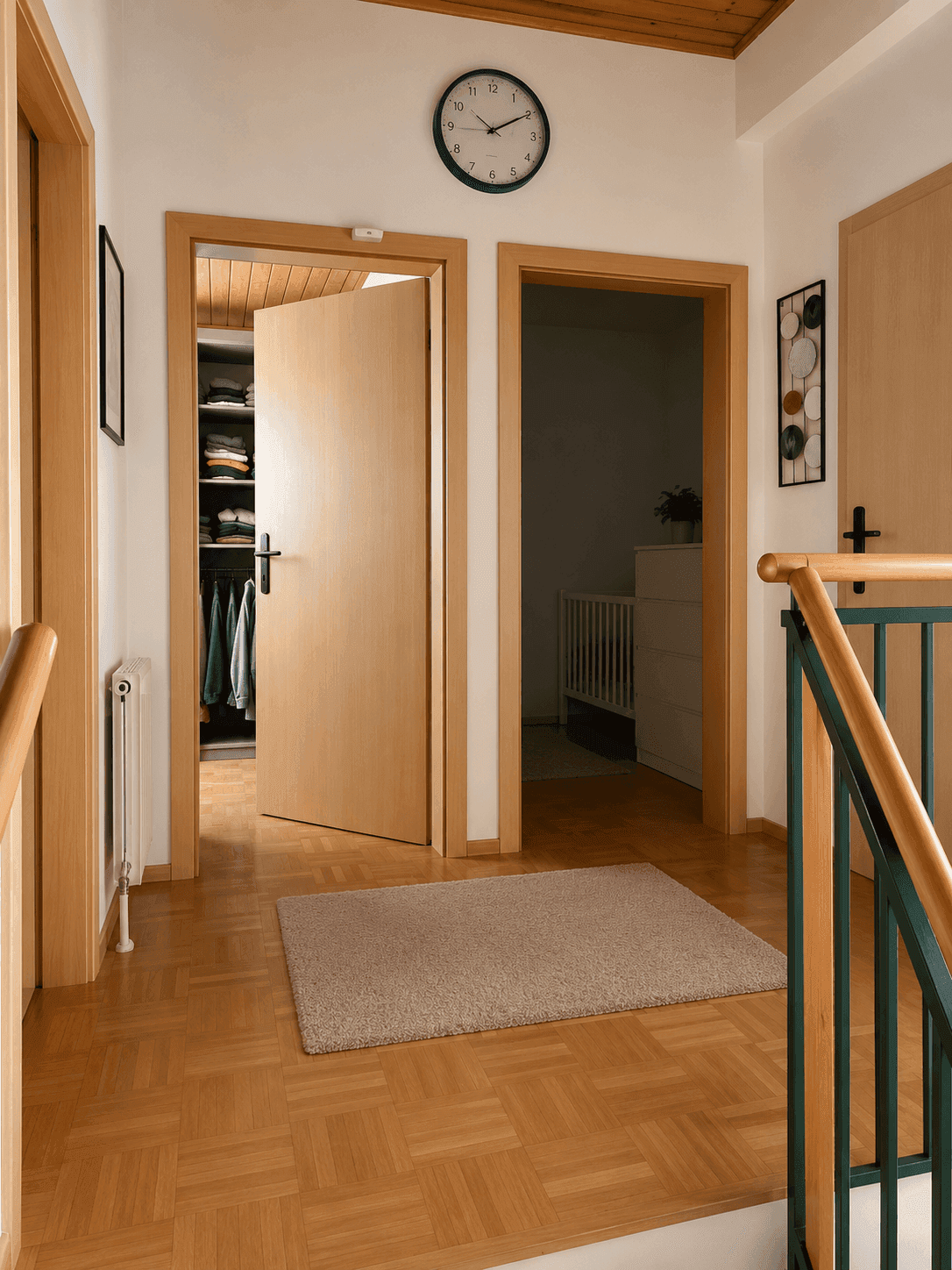 Heller Flur mit Holzparkett und Zugang zu mehreren Zimmern sowie einer Treppe.