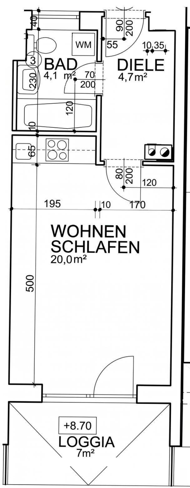 Grundriss einer Wohnung mit offenem Wohn-/Schlafbereich, Bad und Loggia.