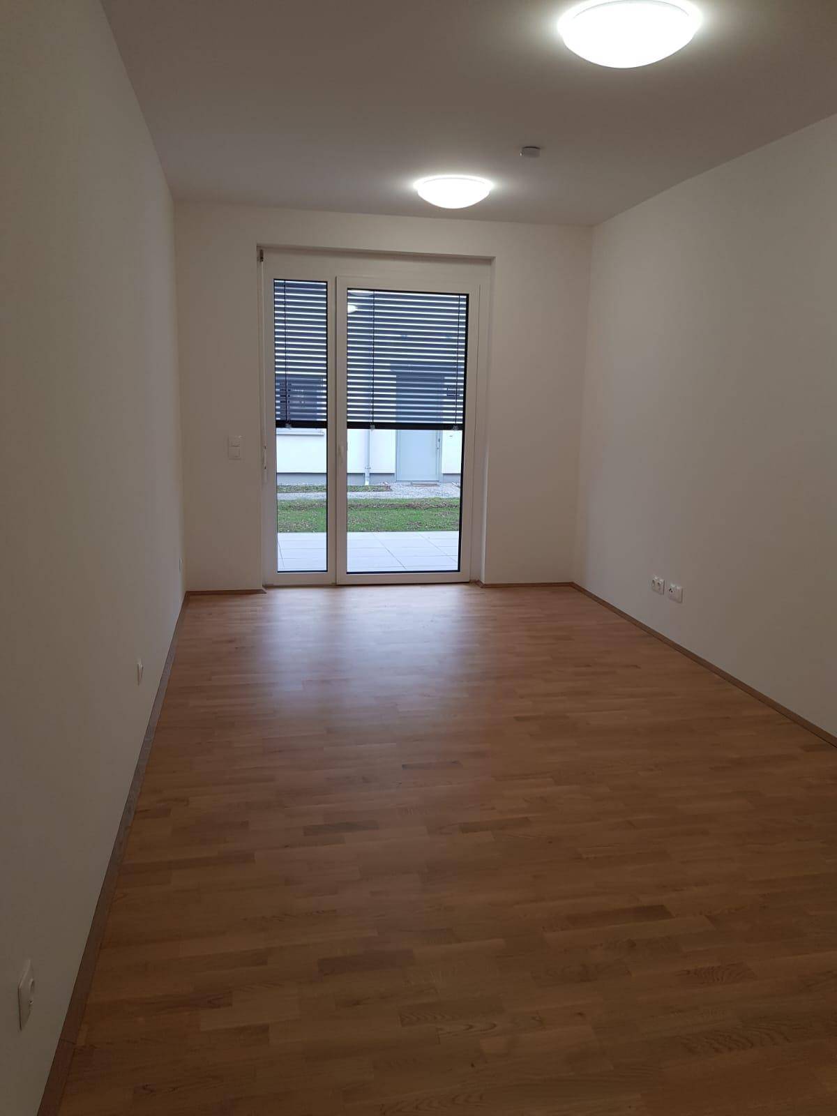Heller, leerer Raum mit Parkettboden und großer Glastür zum Garten oder zur Terrasse.
