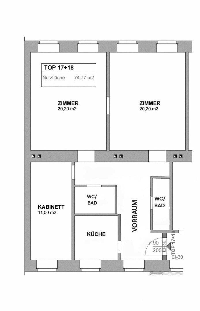 Grundriss der Wohnung mit drei Zimmern, Küche und zwei Bädern auf 74,77 m².