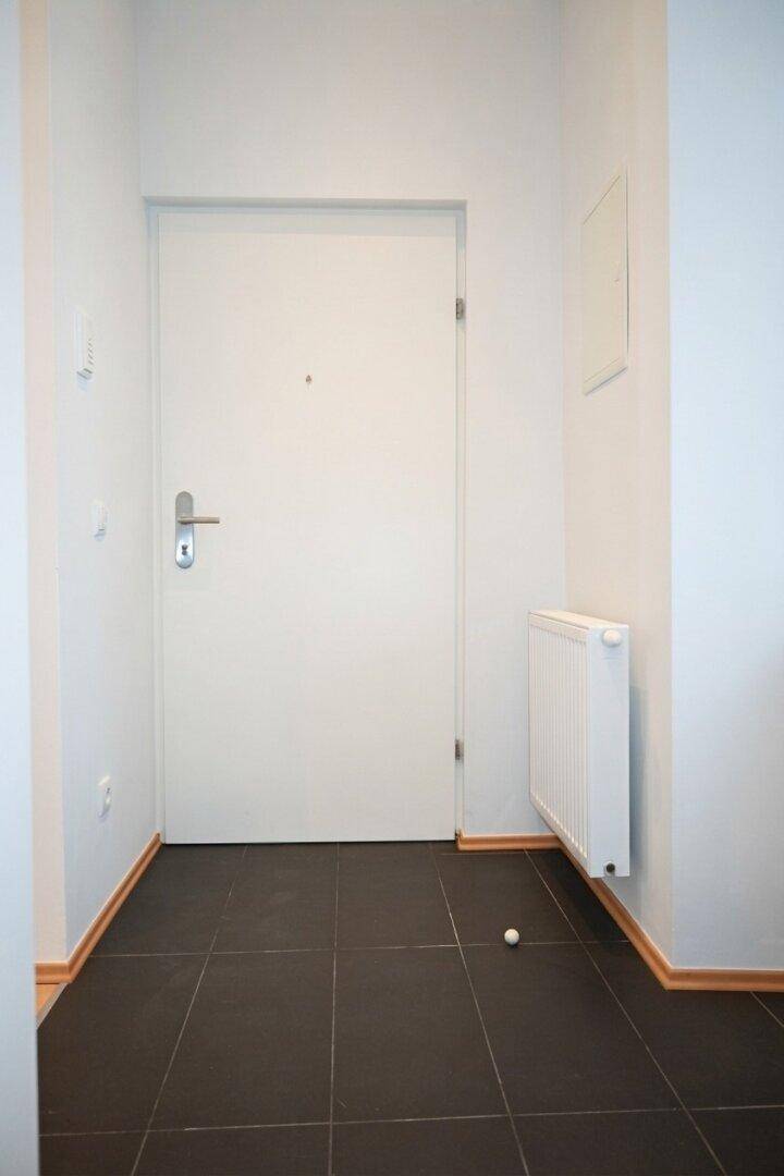 Eingangsbereich mit dunklen Fliesen, weißer Eingangstür und Heizkörper, praktisch gestaltet.