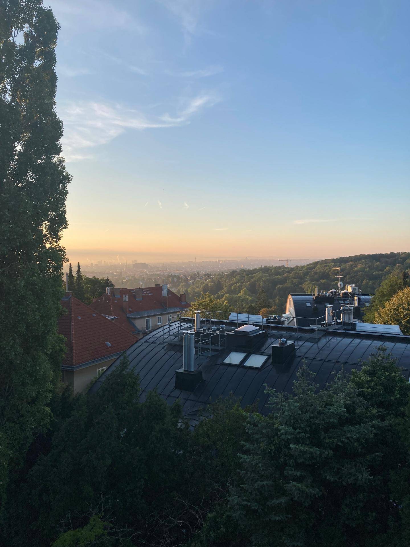 Malerischer Sonnenuntergang über den Dächern und Wäldern mit Blick auf die ferne Stadt.