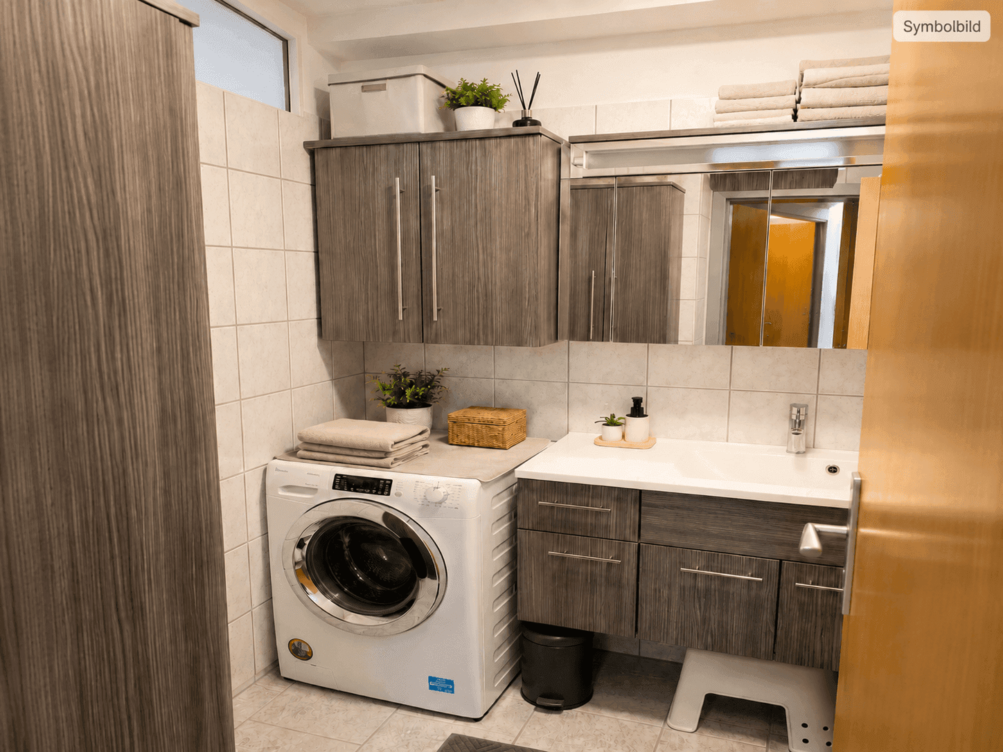 Modernes Badezimmer mit Waschbecken, Spiegelschrank und integrierter Waschmaschine.