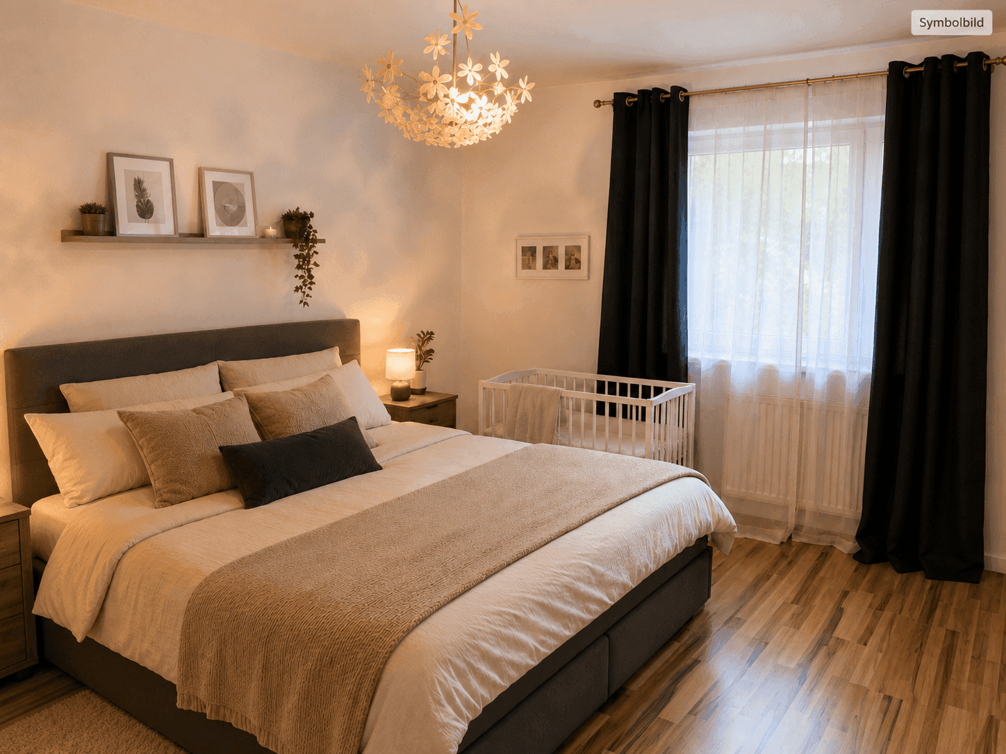 Gemütliches Schlafzimmer mit großem Bett, Holzboden und einem Babybett am Fenster.