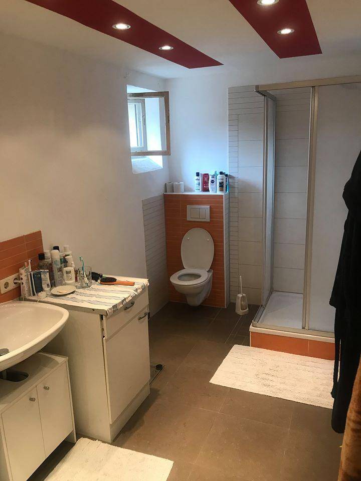 Modernes Badezimmer mit Dusche, WC, Waschbecken und einem Fenster für natürliches Licht.
