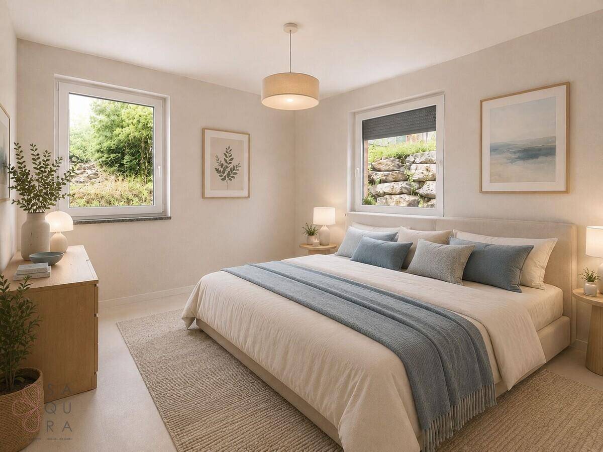 Gemütliches Schlafzimmer mit Doppelbett, Holzmöbeln und zwei Fenstern mit Blick ins Grüne.