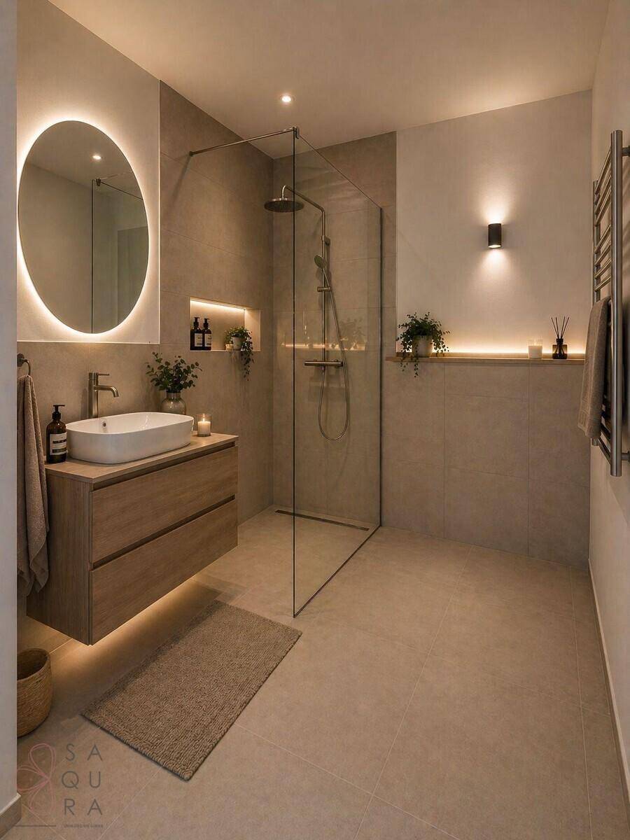 Modernes Badezimmer mit begehbarer Dusche, schwebendem Waschtisch und indirekter Beleuchtung.