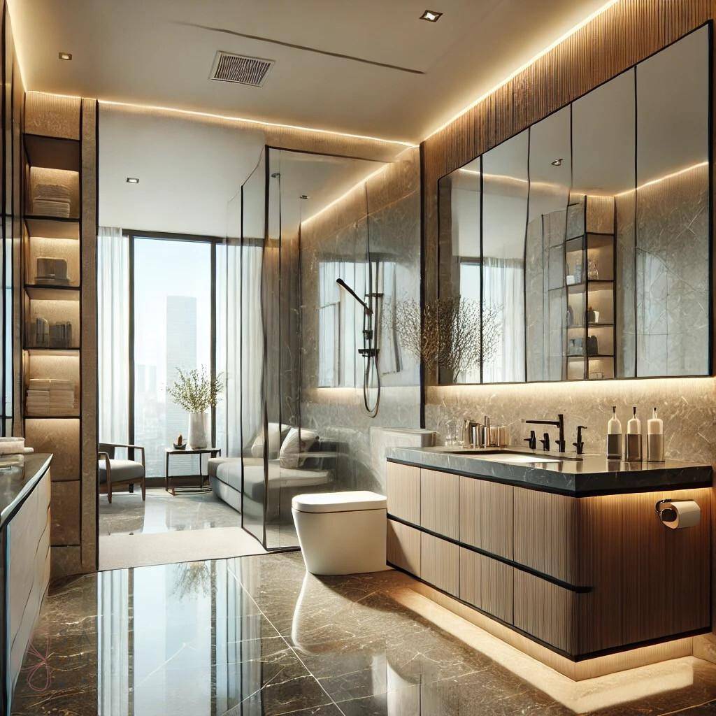 DALL·E 2025-03-08 00.44.37 - A luxurious and modern bathroom in a high-end apartment. The bathroom features a spacious walk-in shower with a glass partition, a sleek vanity with a