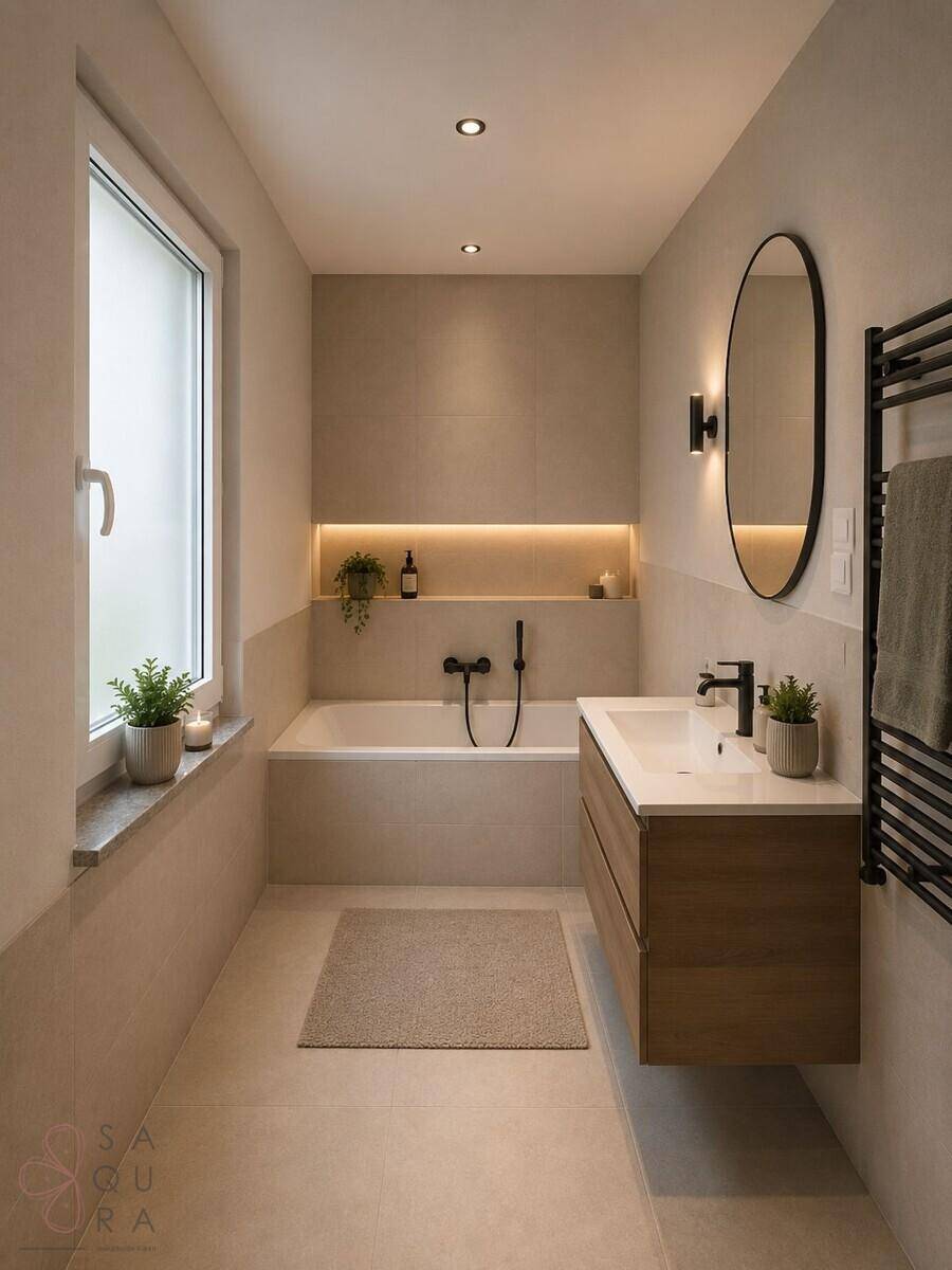 Modernes Badezimmer mit Badewanne, Holzwaschtisch, beheiztem Handtuchhalter und Fenster.